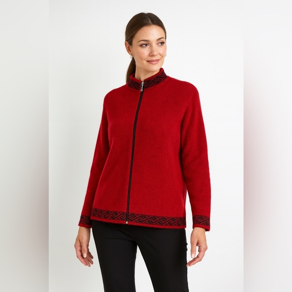 Lothlorian Red Wool Possum Blend Zip-Up Cardigan Sweater with Black Trim Women S - Picture 1 of 16